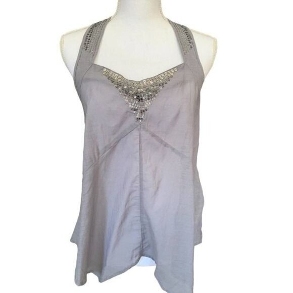 American Eagle Outfitters Womens Top Sz Small Halter V-Neck Sequin Sheer Gray - Picture 1 of 12